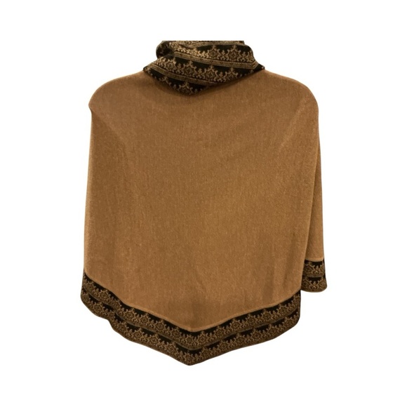100% Baby Alpaca Knit Poncho Shawl Scarf Wrap Tan & Black - Picture 6 of 6